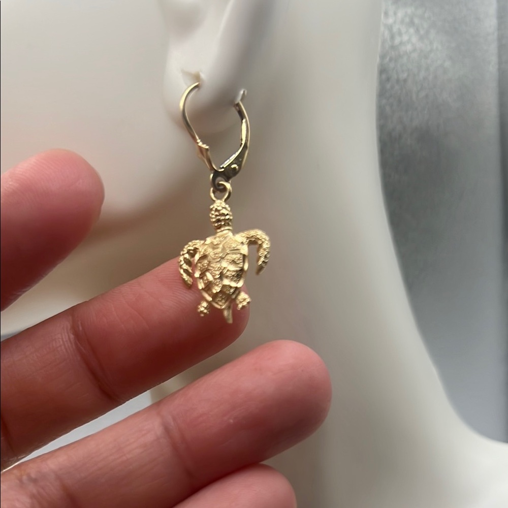 14kt solid Gold lucky turtle Drop Earrings - Picture 3 of 8